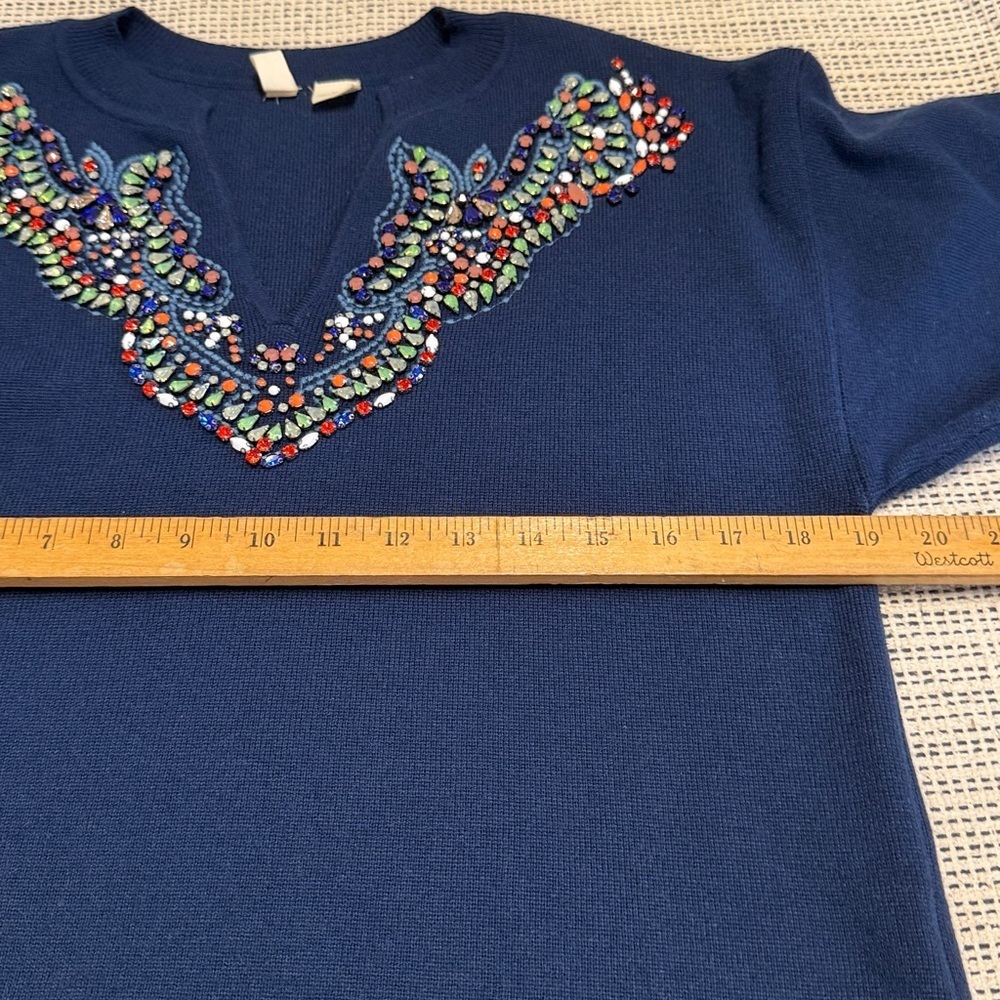 Anthropologie Moth Embroidered Embellished 3/4 Sleeve Pullover Blue Sweater - Picture 8 of 8